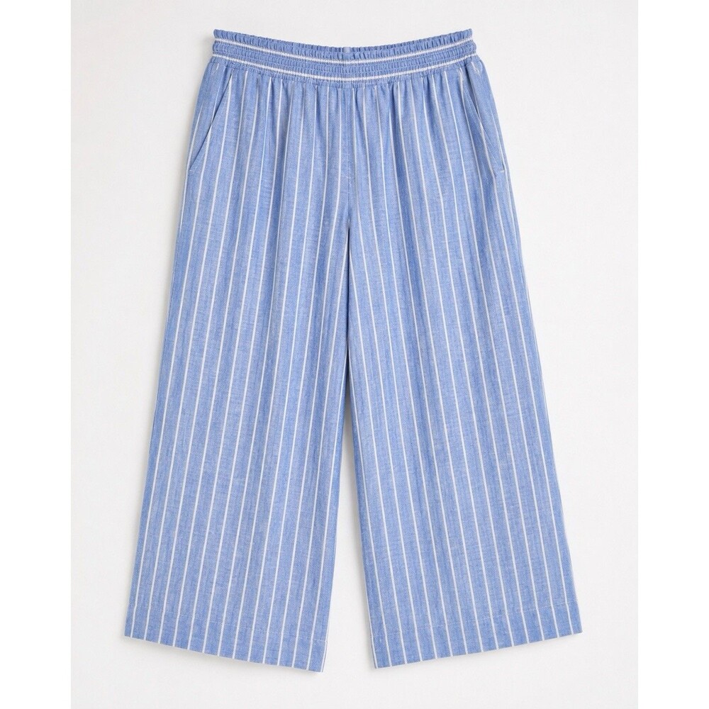 NWT 2X Elastic Waist Linen Blend Wide Leg Crop Pants Blue Stripe Pockets Beach
